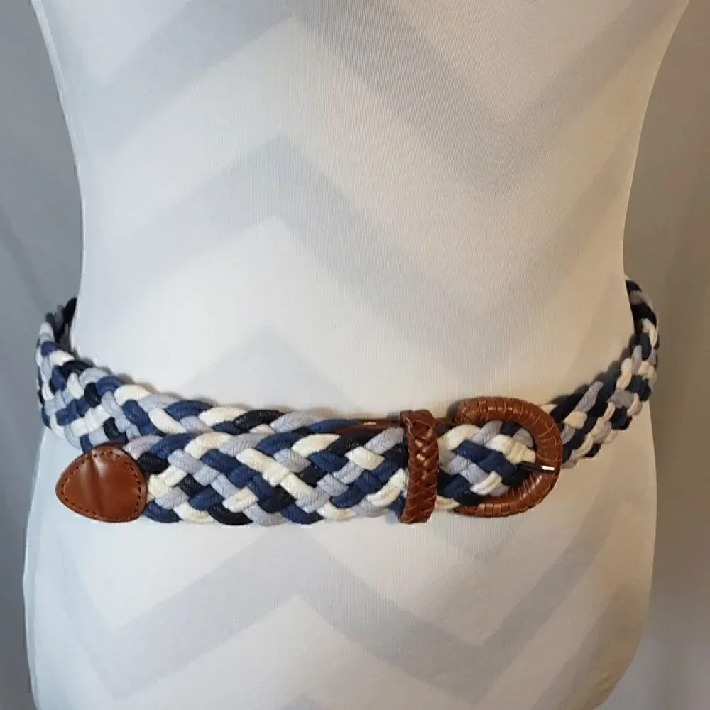 Blue & White Braided Belt With Leather Trim